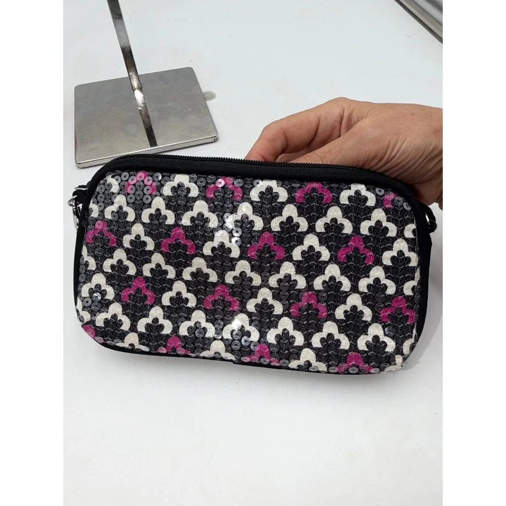 Vera Bradley Sequin Wristlet Bag Black Fuchsia White Geometric Sparkle Clutch